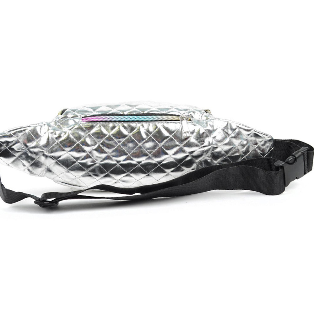 Quilted Metallic Silver Fanny Pack Belt Bag Sling Bag with Iridescent Zippers - Picture 5 of 6